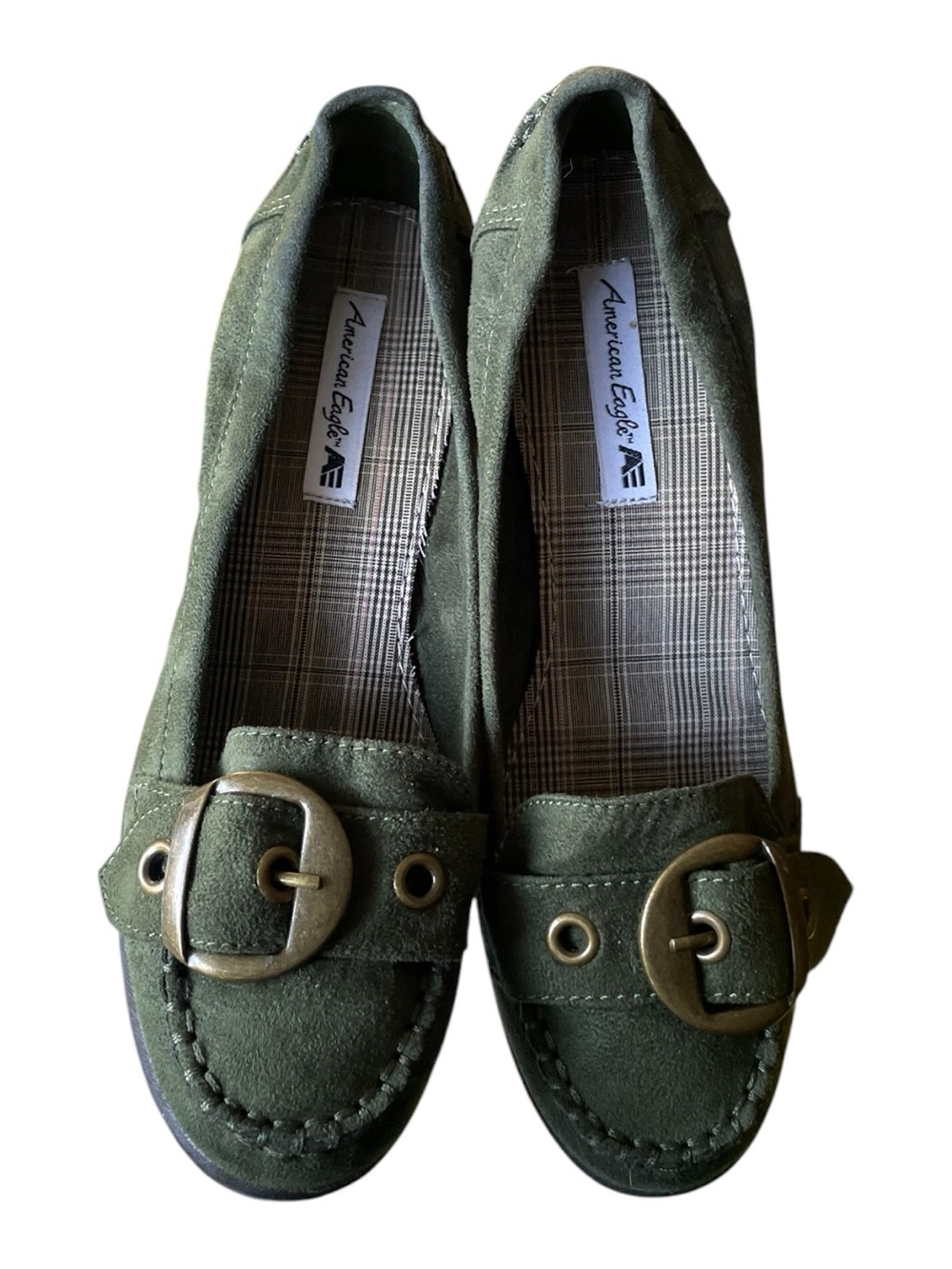 American Eagle — Olive Green Suede Buckle wedge heels - Women's